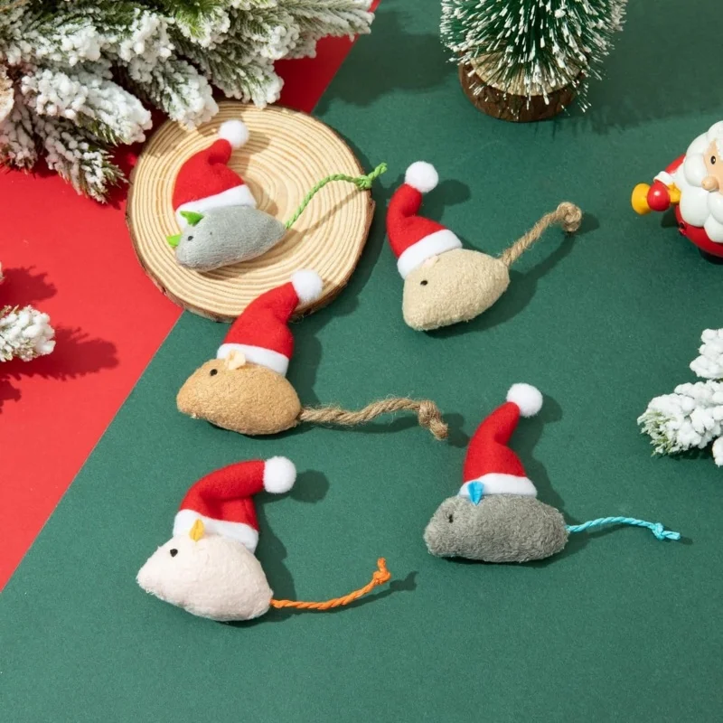 Catnip Interactive Plush Mouse - 1-5PCS Christmas Hat Mouse Interactive Plush